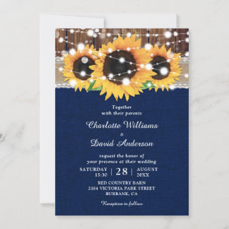 Rustic Sunflower and Navy Blue Wedding Invitations