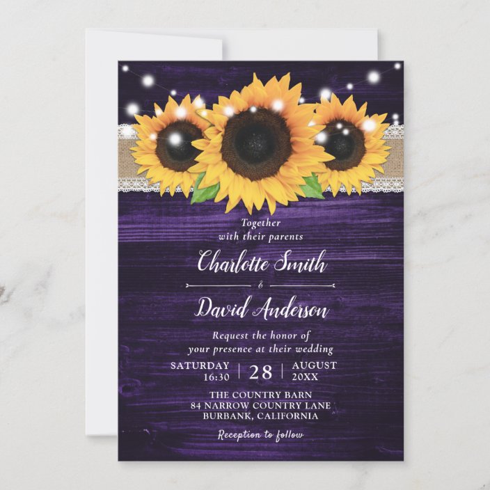 Rustic Sunflower and Purple Wedding Invitations