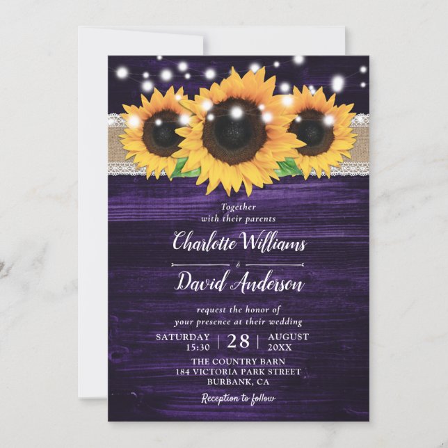 Rustic Sunflower and Purple Wedding Invitations (Front)