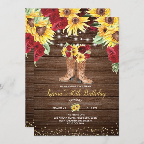 Rustic Sunflower and Roses boots Birthday Invitation