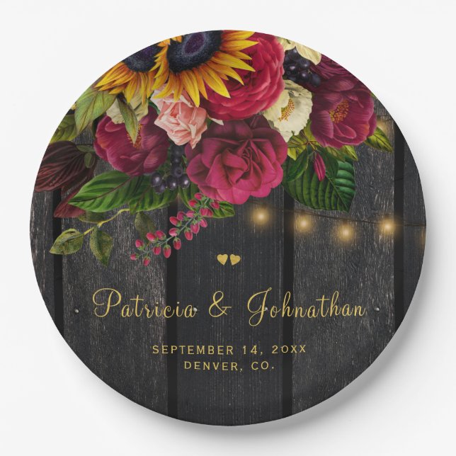 Rustic sunflower and roses custom wedding party paper plates (Front)