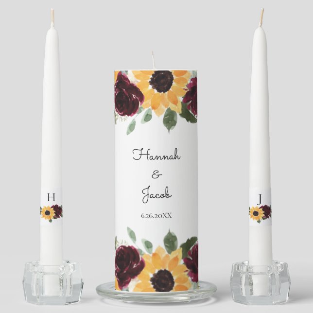 Rustic Sunflower and Roses Floral Unity Candle Set (Front)