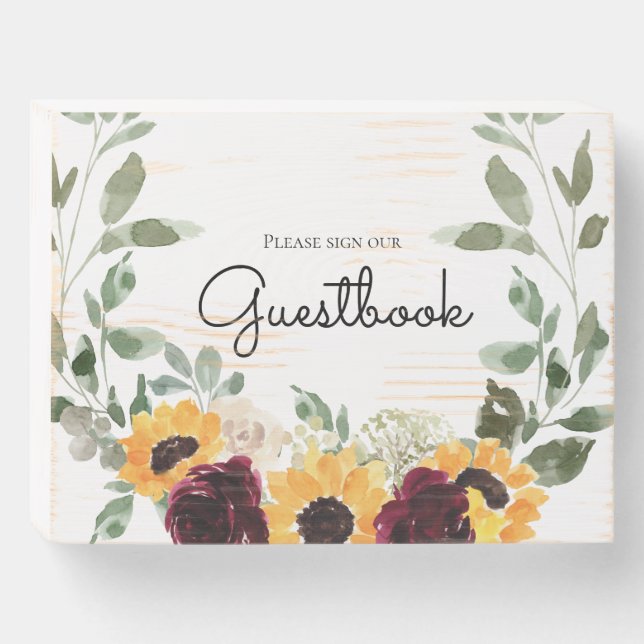 Rustic Sunflower and Roses Guestbook Wooden Box Sign (Front Horizontal)