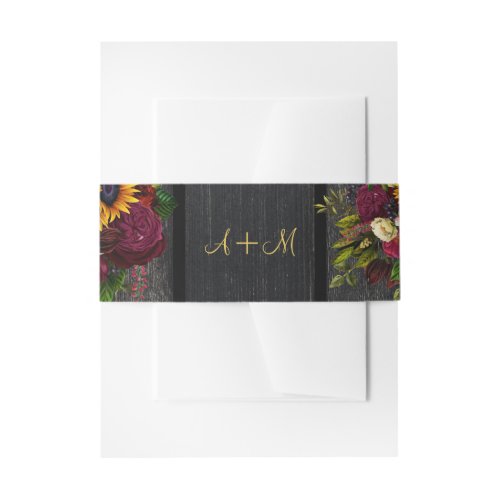 Rustic sunflower and roses monogrammed wedding invitation belly band