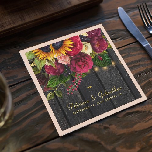 Rustic sunflower and roses personalized wedding napkins