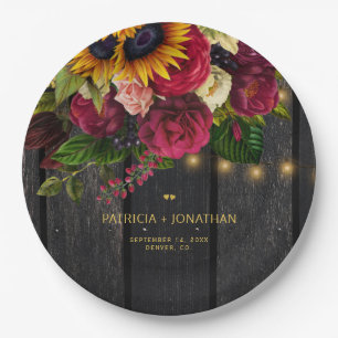 Rustic sunflower and roses personalized wedding paper plates