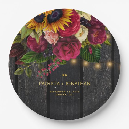 Rustic sunflower and roses personalized wedding paper plates