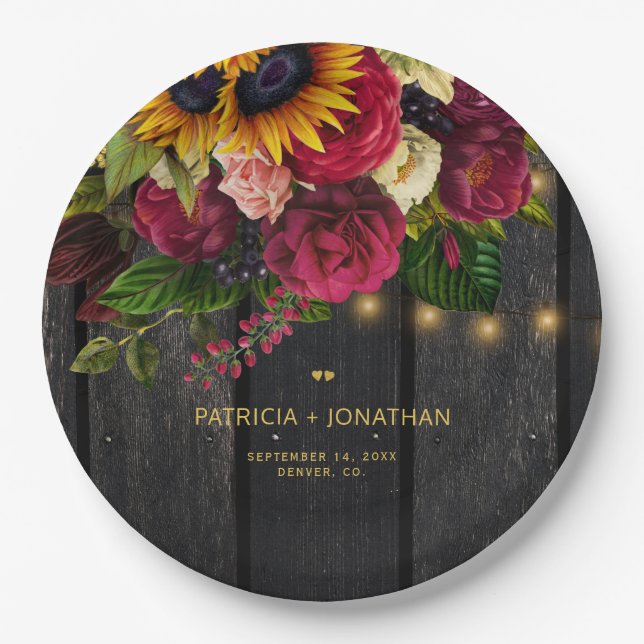 Rustic sunflower and roses personalized wedding paper plates (Front)