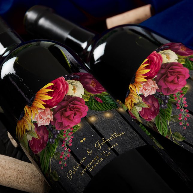 Rustic sunflower and roses personalized wedding wine label (Creator Uploaded)