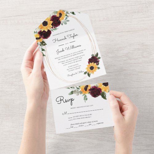 Rustic Sunflower and Roses Wedding All In One Invitation