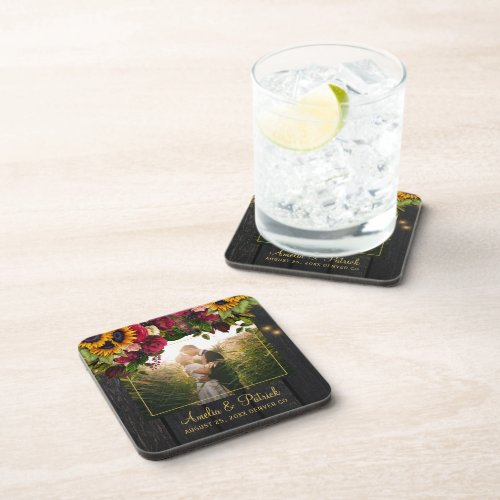 Rustic sunflower and roses wedding photo favor beverage coaster
