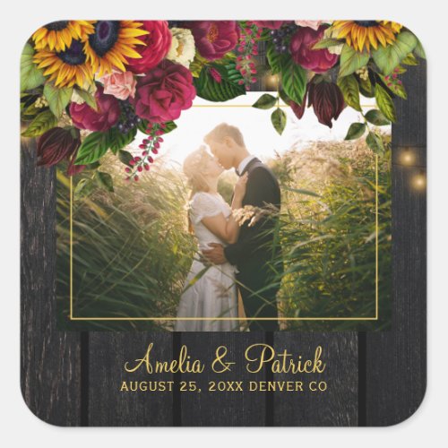Rustic sunflower and roses wedding photo wood square sticker
