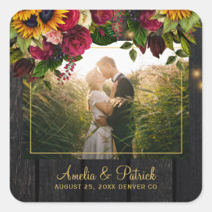 Rustic sunflower and roses wedding photo wood square sticker