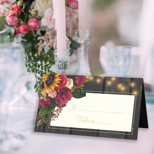 Rustic sunflower and roses wedding place card