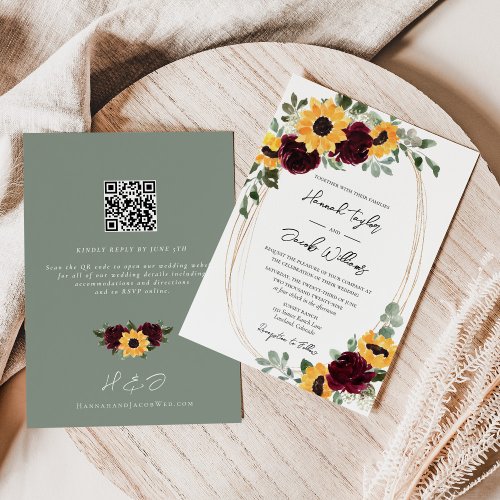Rustic Sunflower and Roses Wedding QR Code RSVP Invitation