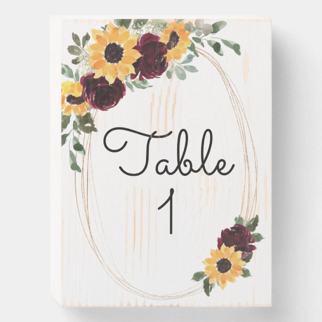 Rustic Sunflower and Roses Wedding Table Number Wooden Box Sign (Front Vertical)
