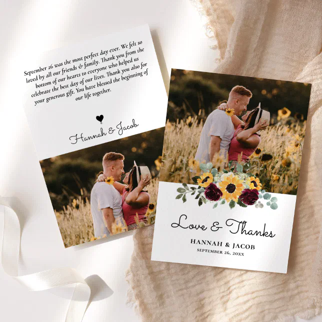 Rustic Sunflower and Roses Wedding Thank You Card | Zazzle