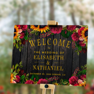 Rustic sunflower and roses wedding welcome sign