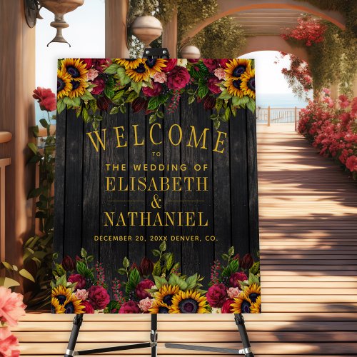 Rustic sunflower and roses wedding welcome sign