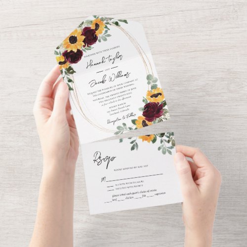 Rustic Sunflower and Roses with RSVP Wedding All In One Invitation