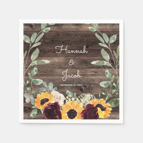 Rustic Sunflower and Roses Wood Wedding Paper Plat Napkins