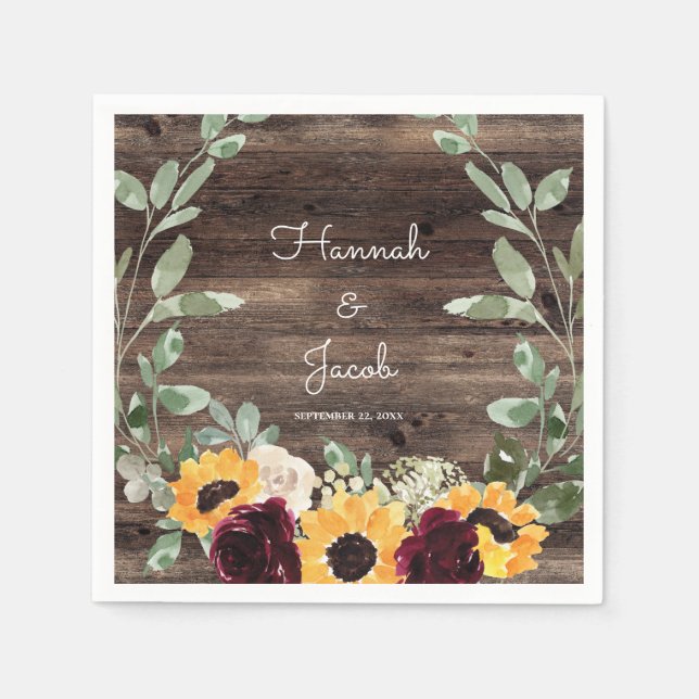 Rustic Sunflower and Roses Wood Wedding Paper Plat Napkins (Front)