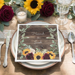 Rustic Sunflower and Roses Wood Wedding Paper Plat Napkins