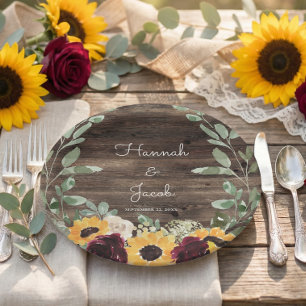 Rustic Sunflower and Roses Wood Wedding Paper Plates
