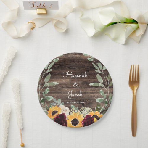 Rustic Sunflower and Roses Wood Wedding Paper Plates