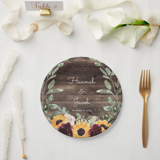 Rustic Sunflower and Roses Wood Wedding Paper Plates (Wedding)