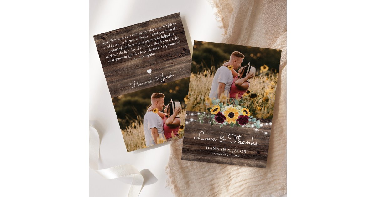 Rustic Sunflower and Roses Wood Wedding Thank You Card | Zazzle