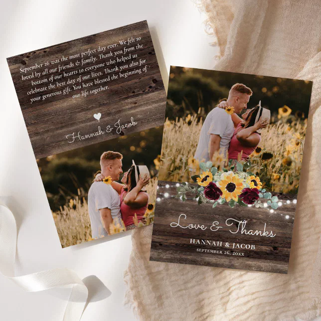 Rustic Sunflower and Roses Wood Wedding Thank You Card | Zazzle