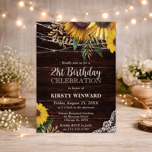 Rustic Sunflower and String Lights 21st Birthday Invitation (Creator Uploaded)
