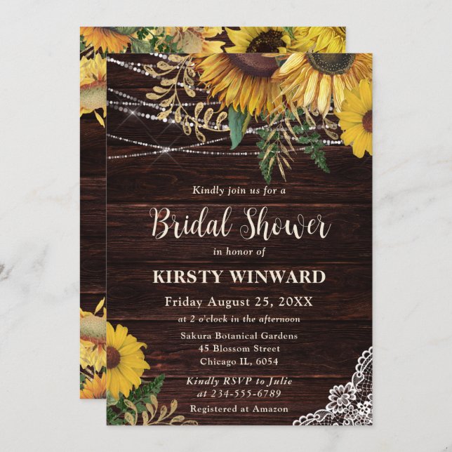 Rustic Sunflower and String Lights Bridal Shower Invitation (Front/Back)