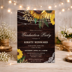 Rustic Sunflower and String Lights Graduation Invitation