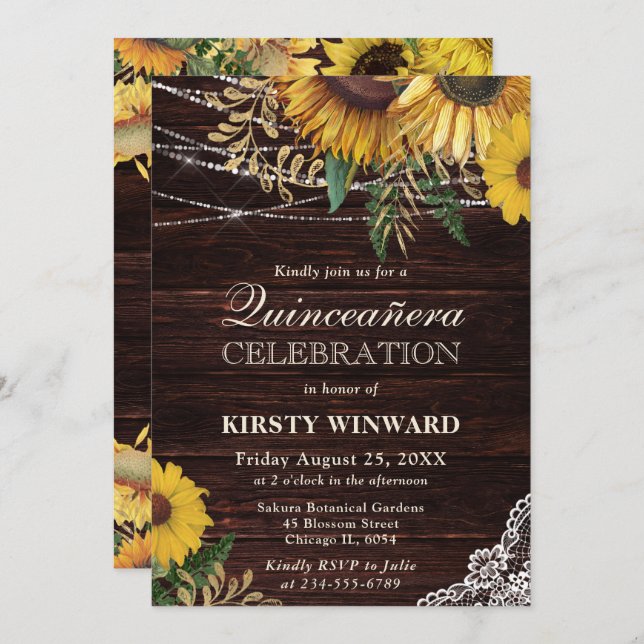 Rustic Sunflower and String Lights Quinceanera Invitation (Front/Back)