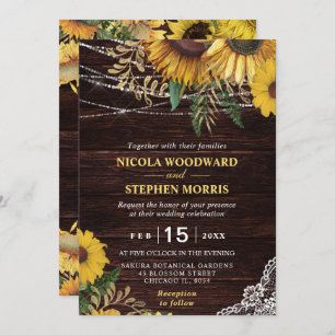 Rustic Sunflower and String Lights Wedding Invitation
