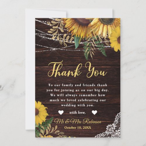 Rustic Sunflower and String Lights Wedding Thank You Card