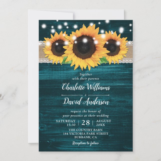 Rustic Sunflower and Teal Wedding Invitations (Front)
