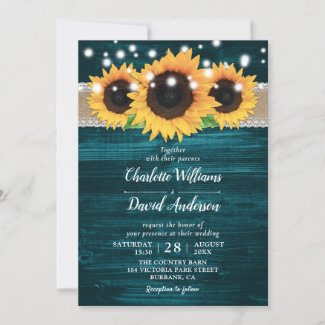 Rustic Sunflower and Teal Wedding Invitation