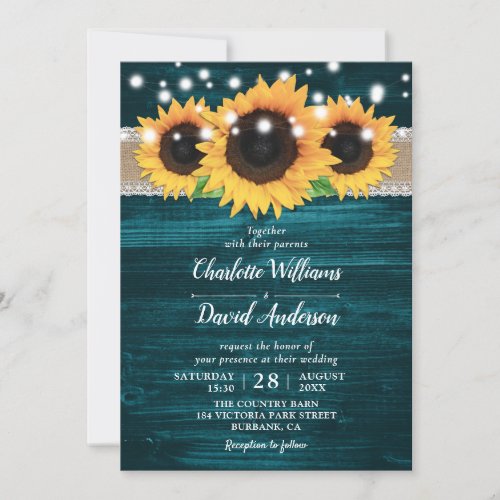 Rustic Sunflower and Teal Wedding Invitations