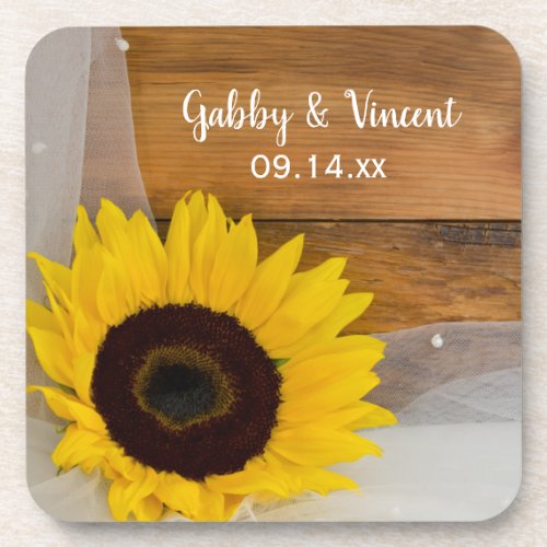 Rustic Sunflower and Veil Country Wedding Coaster