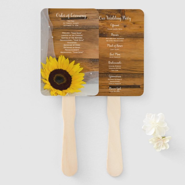 Rustic Sunflower and Veil Country Wedding Programs Hand Fan (Front and Back)