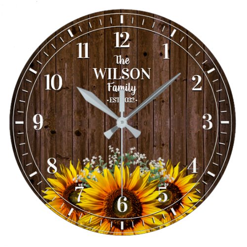 Rustic Sunflower and Wood Family Name Large Clock