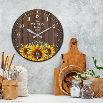 Rustic Sunflower And Wood Family Name Large Clock by reflections06 at Zazzle