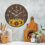 Rustic Sunflower and Wood Family Name Large Clock