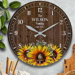 Rustic Sunflower and Wood Family Name Large Clock<br><div class="desc">Fun,  personalized design.  Makes the perfect gift for a housewarming,  wedding,  or any occasion!</div>