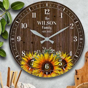 Rustic Sunflower and Wood Family Name Large Clock