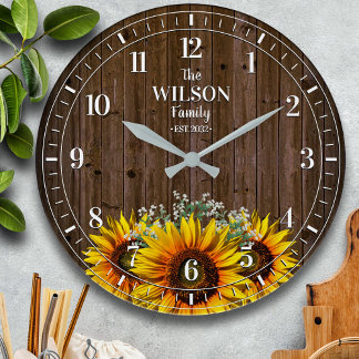 Rustic Sunflower and Wood Family Name Large Clock