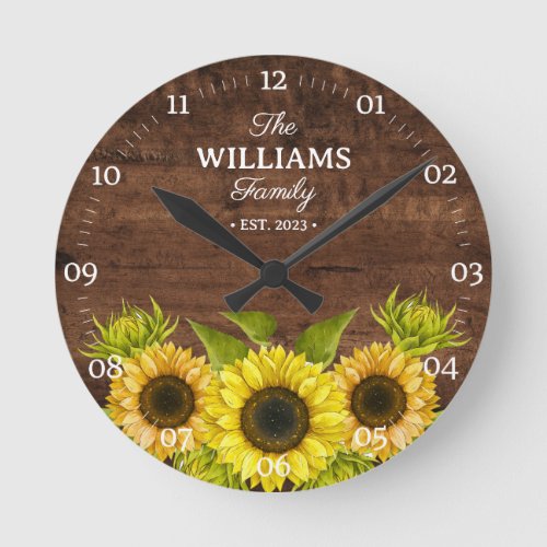 Rustic Sunflower and Wood Family Name Round Clock